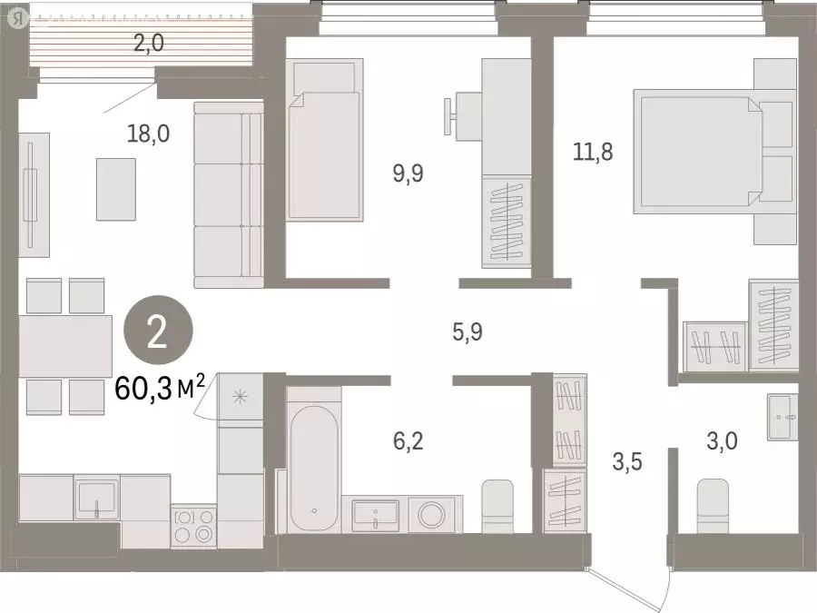 2-комнатная квартира: Новосибирск, улица Аэропорт (60.25 м) - Фото 1