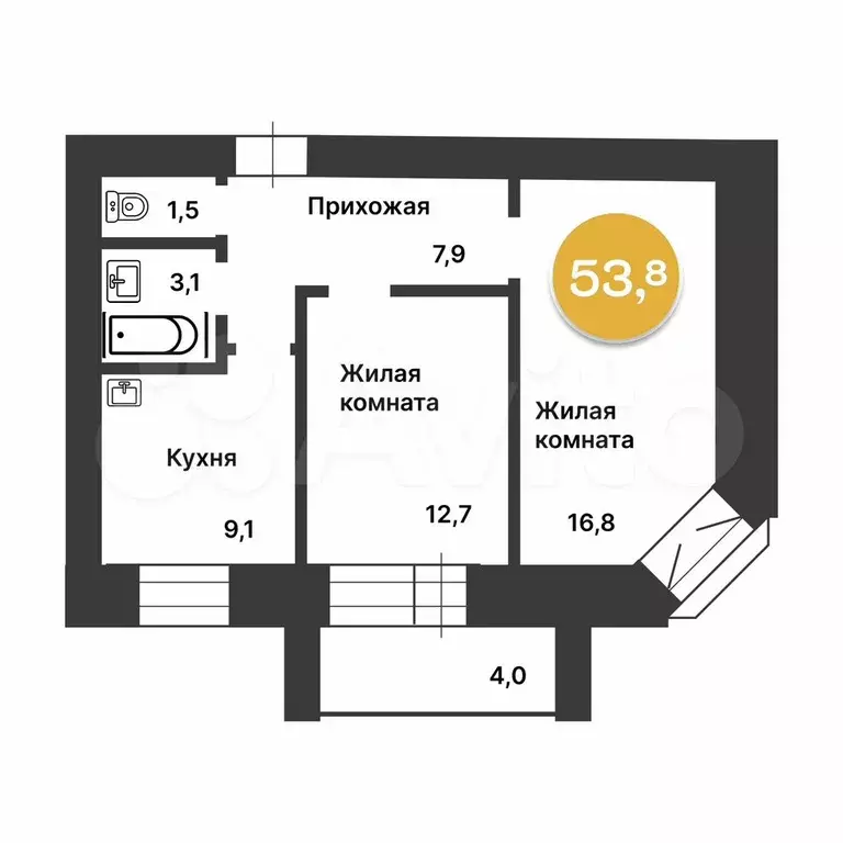 2-к. квартира, 53,8 м, 6/12 эт. - Фото 0
