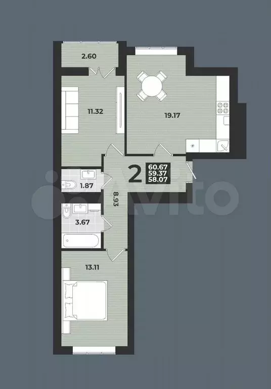2-к. квартира, 60,7 м, 3/9 эт. - Фото 1