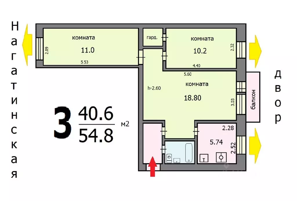 3-к кв. Москва Нагатинская ул., 35К1 (54.8 м) - Фото 0