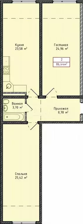 2-к. квартира, 86,4 м, 4/8 эт. - Фото 1