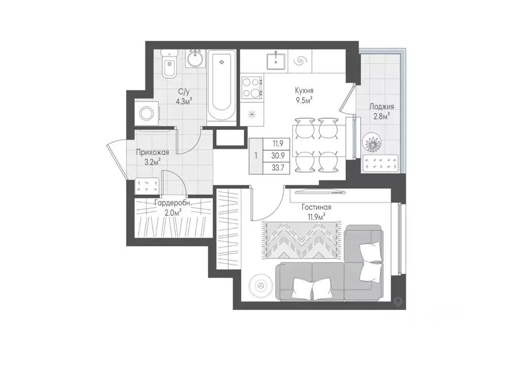 1-к кв. Тверская область, Тверь Лесная Мелодия-3 жилой комплекс (32.3 ... - Фото 1