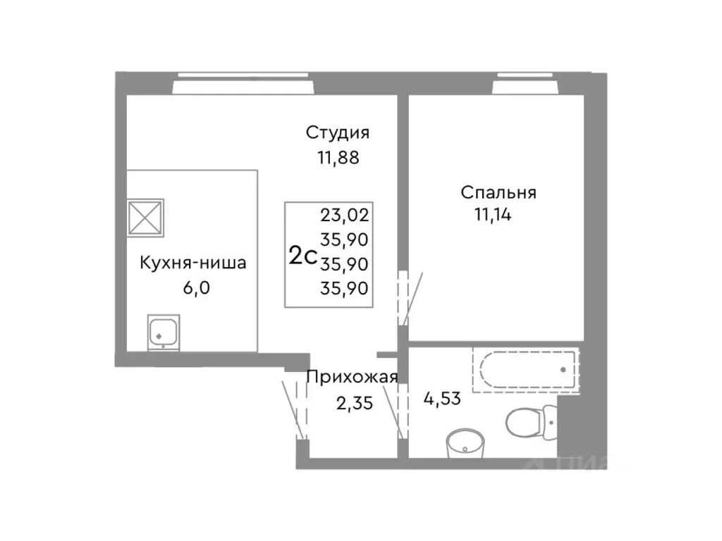 2-к кв. Челябинская область, Челябинск ул. Танкистов, 175 (35.9 м) - Фото 1