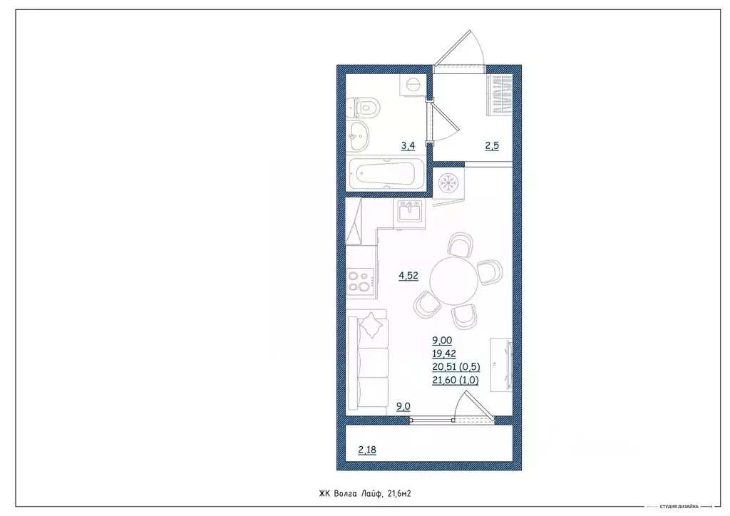 Студия Тверская область, Тверь Новочеркасская ул., 49 (21.6 м) - Фото 2