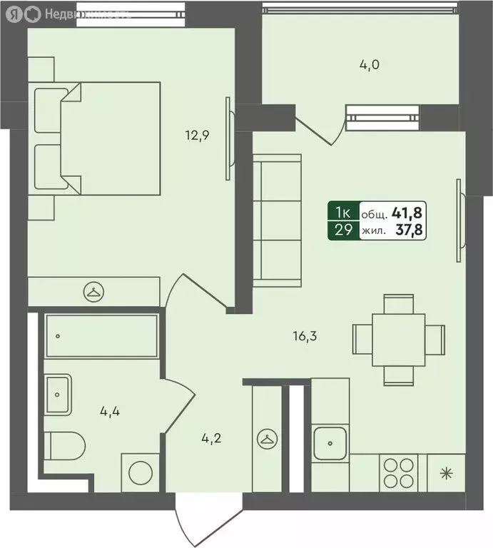 1-комнатная квартира: село Ембаево, Бульварная улица, 11 (41.8 м) - Фото 1