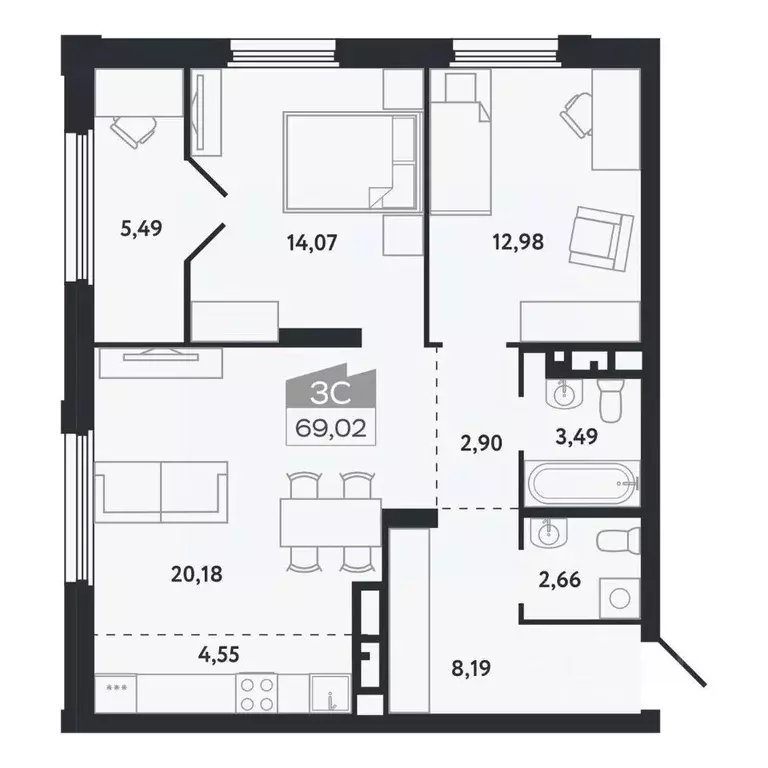 3-к кв. Томская область, Томск Черемошники мкр, ул. Бердская, 14/3 ... - Фото 1