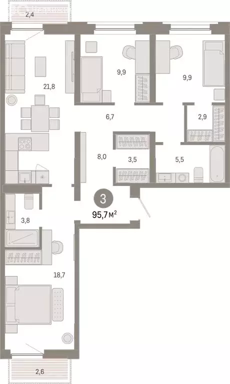 3-комнатная квартира: Тюмень, Мысовская улица, 26к2 (95.68 м) - Фото 0