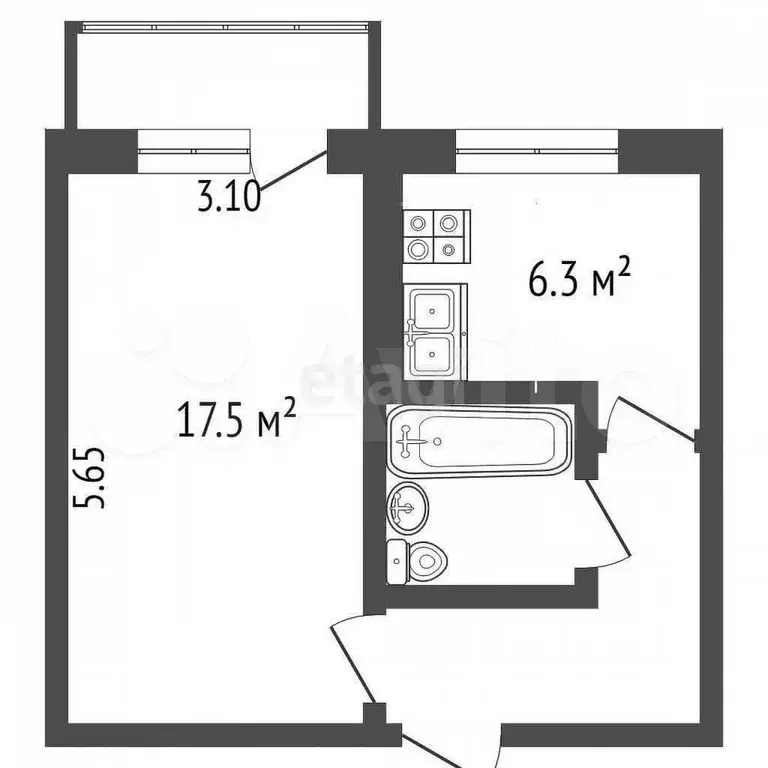 1-к. квартира, 31,4 м, 5/5 эт. - Фото 0