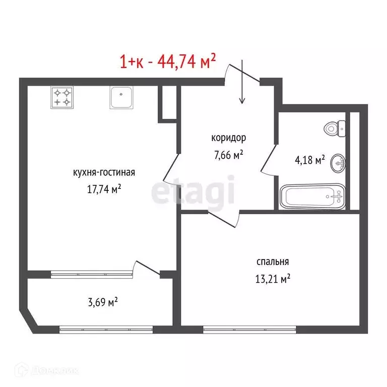 Продаётся 1-к квартира, 44.74 м - Фото 1
