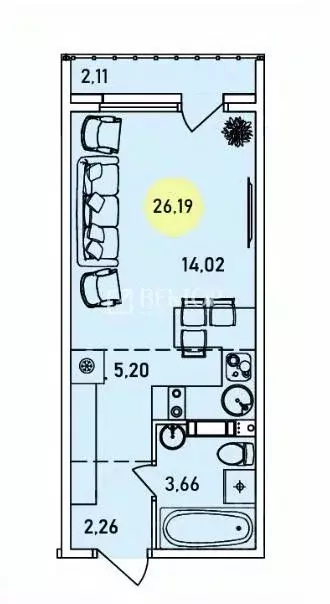 Студия Ярославская область, Ярославль ул. Лескова, 44 (26.19 м) - Фото 2