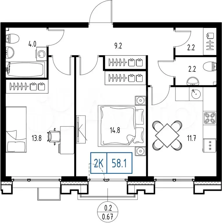 2-к. квартира, 58,1 м, 7/9 эт. - Фото 1