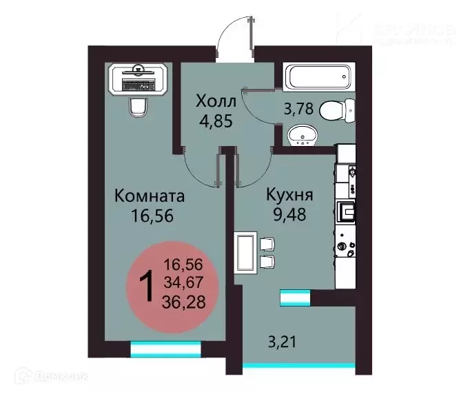 Продаётся 1-к квартира, 36.28 м - Фото 1