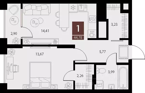 1-к кв. Рязанская область, Рязань ул. Бирюзова, 20с1 (44.78 м) - Фото 1