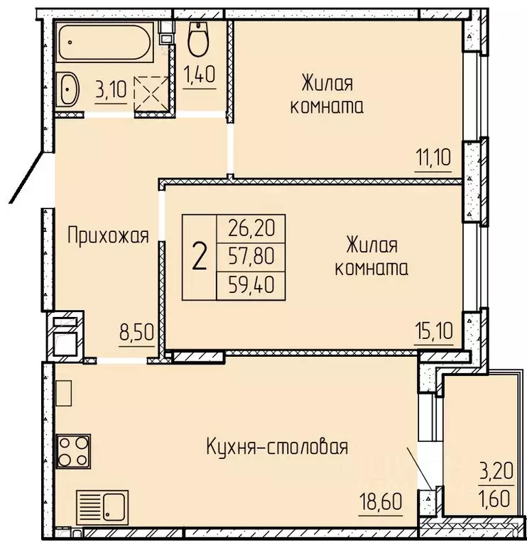 2-к кв. Ростовская область, Батайск ул. Макаровского, 4к1 (59.4 м) - Фото 0