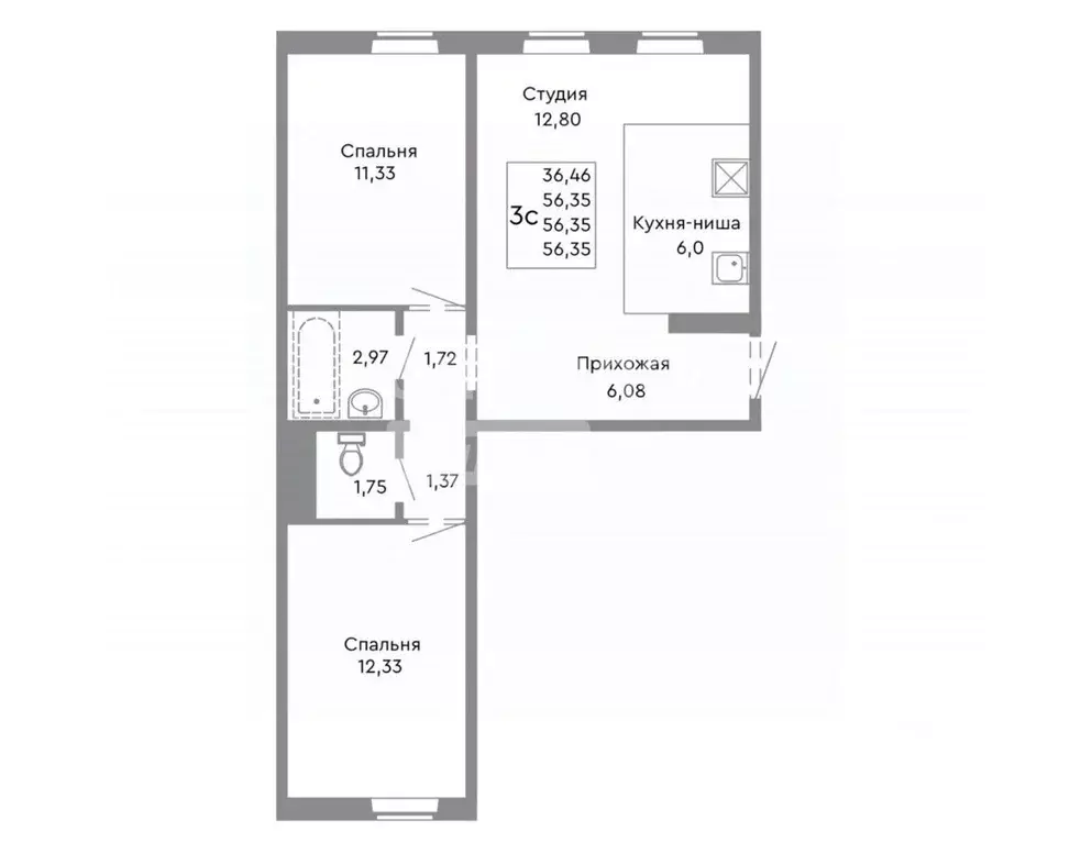 3-к кв. Челябинская область, Челябинск ул. Танкистов, 173А (56.0 м) - Фото 2