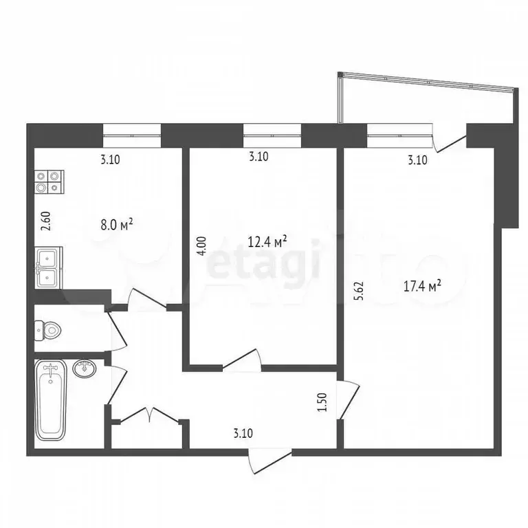 2-к. квартира, 51,1 м, 8/9 эт. - Фото 0