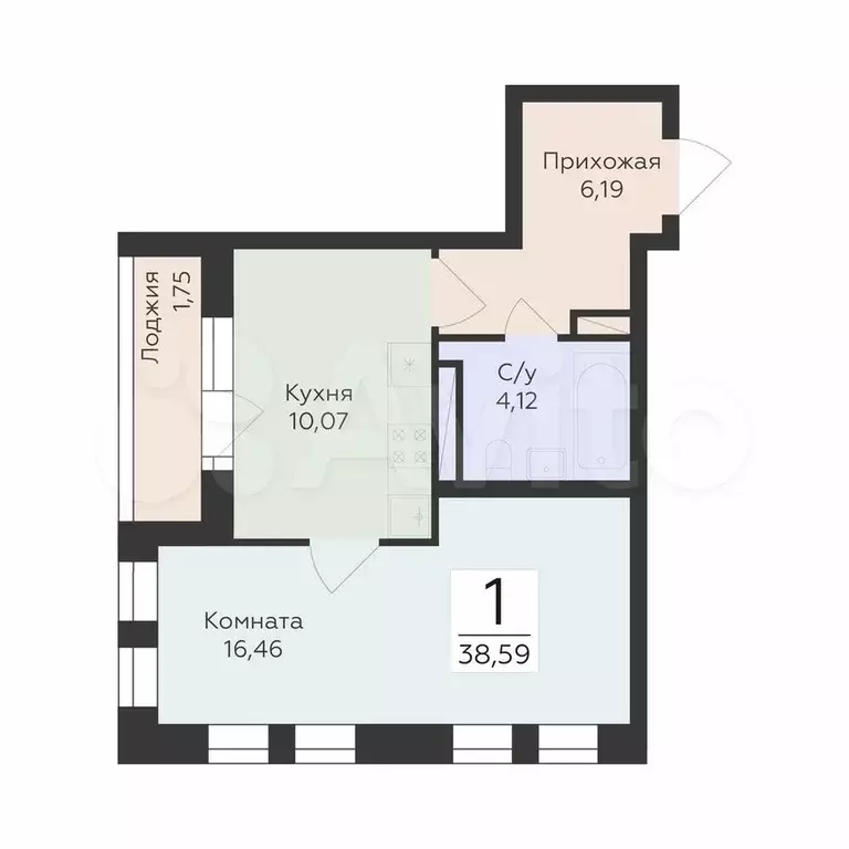 1-к. квартира, 38,6 м, 6/24 эт. - Фото 0