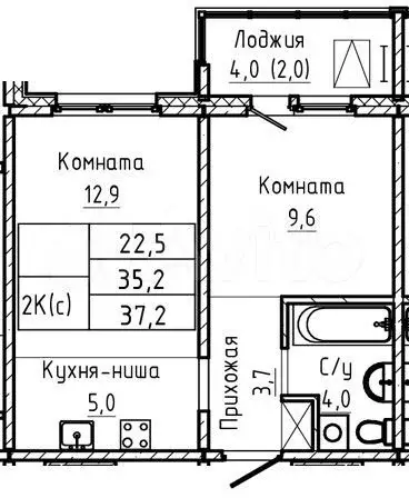 2-к. квартира, 37,2 м, 12/17 эт. - Фото 1