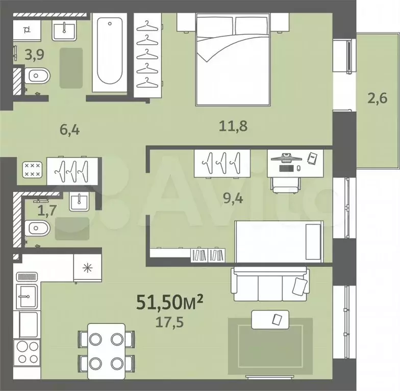 2-к. квартира, 51,5 м, 6/8 эт. - Фото 0
