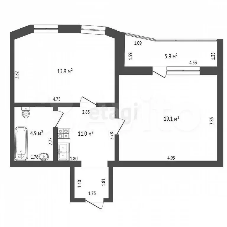 1-к. квартира, 48,9 м, 8/9 эт. - Фото 0