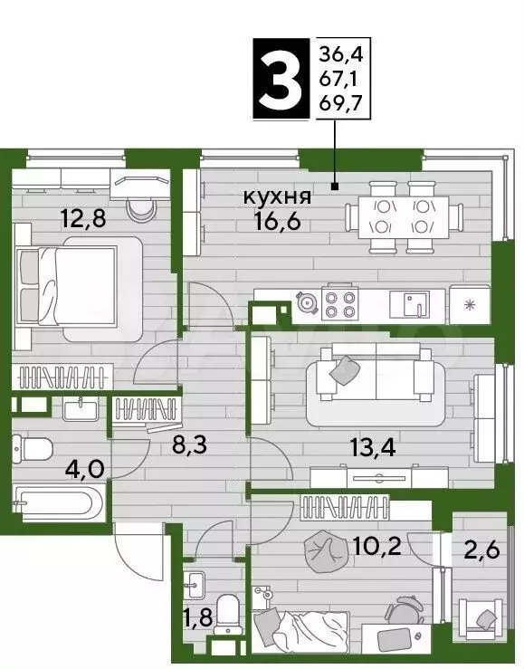 3-к. квартира, 69,7м, 13/16эт. - Фото 1