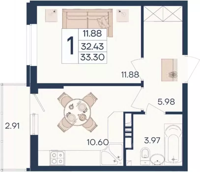 1-к кв. Краснодарский край, Краснодар  (33.3 м) - Фото 1