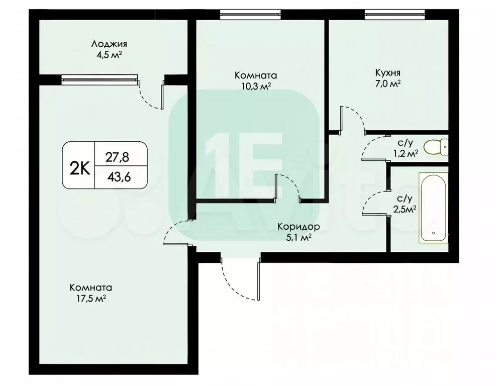 2-к. квартира, 43,6 м, 4/9 эт. - Фото 0