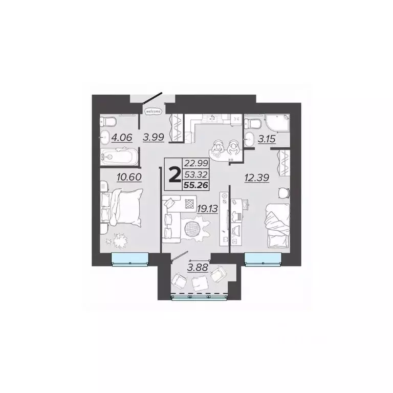 2-к кв. Брянская область, Брянск Архитектор жилой комплекс (55.26 м) - Фото 0