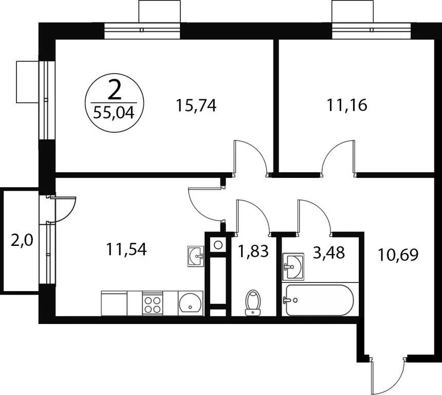 2-к квартира, 55.04 м - Фото 0