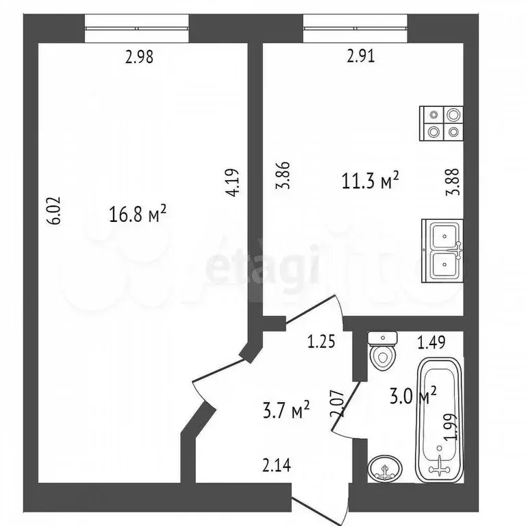 1-к. квартира, 34,8 м, 1/3 эт. - Фото 0