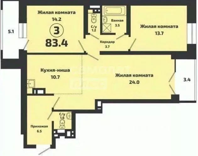 Квартира, 3 комнаты, 83.4 м - Фото 0
