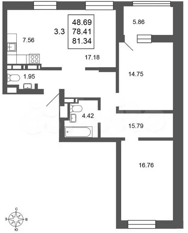 3-к. квартира, 81 м, 2/17 эт. - Фото 1