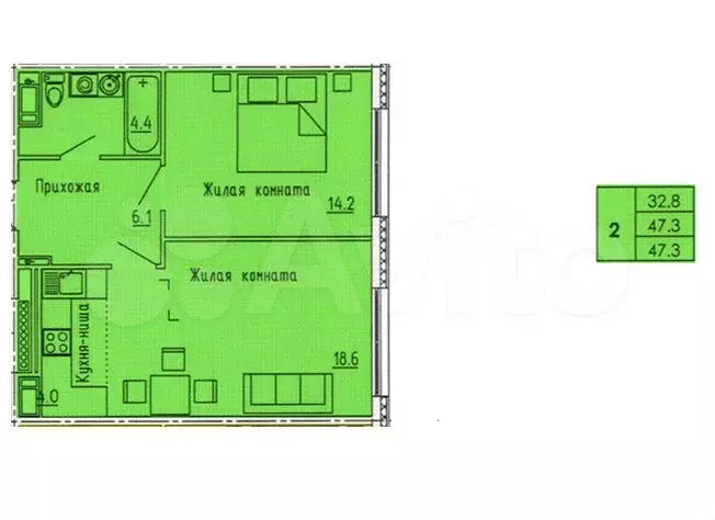 2-к. квартира, 47,3 м, 7/18 эт. - Фото 1