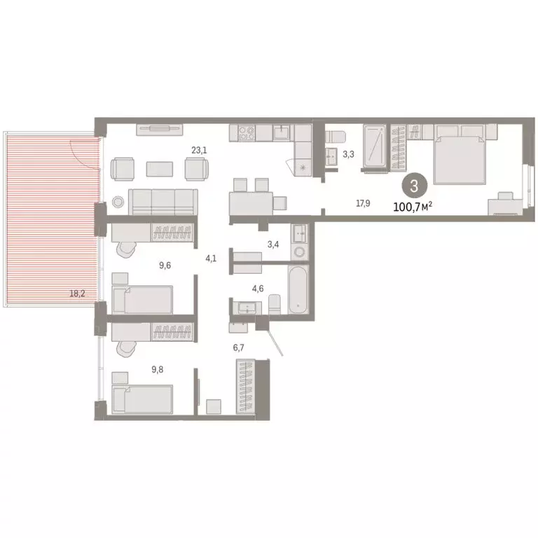 3-комнатная квартира: Тюмень, улица Республики, 205к3 (100.7 м) - Фото 2