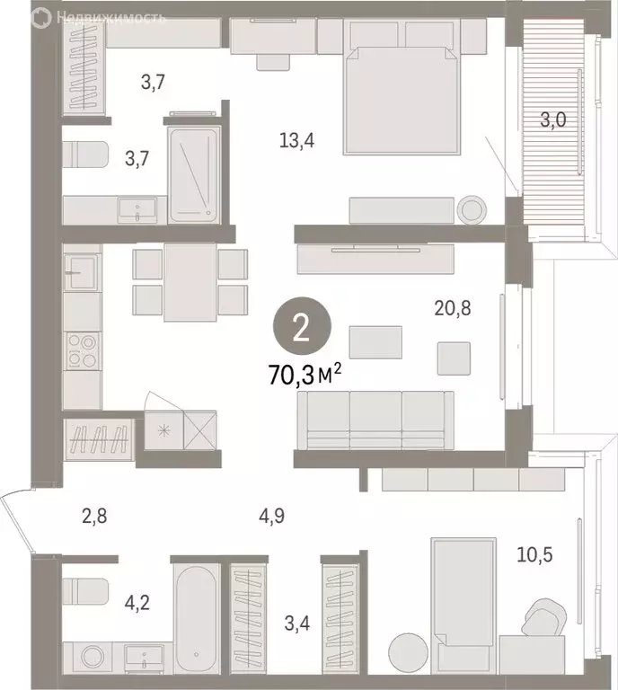 2-комнатная квартира: Тюмень, жилой комплекс На Минской (70.33 м) - Фото 1