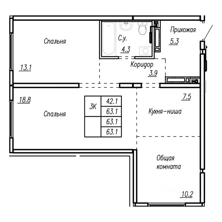 3-к кв. Алтайский край, Барнаул ул. Антона Петрова, 210Б (63.1 м) - Фото 1