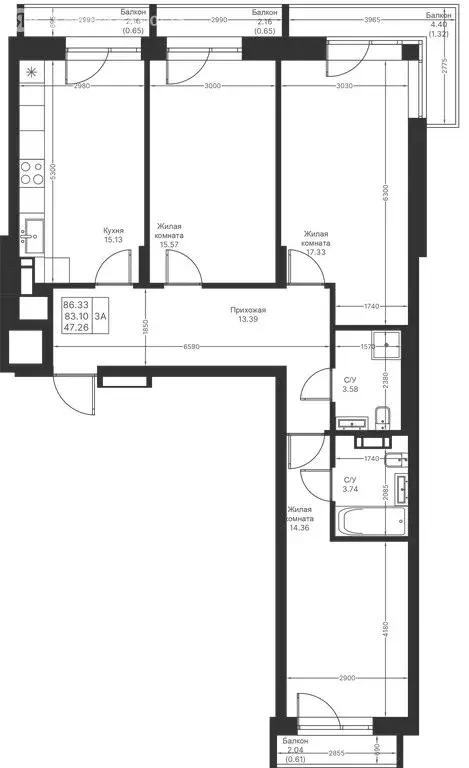 3-комнатная квартира: Казань, ЖК Мой Ритм (86.33 м) - Фото 1
