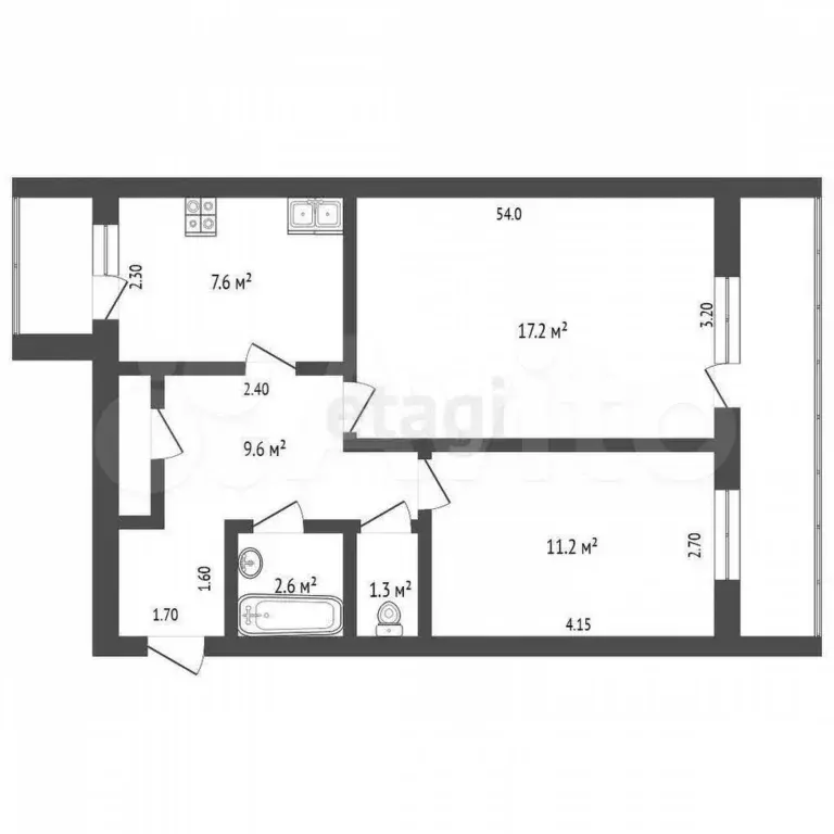 2-к. квартира, 50,5 м, 4/5 эт. - Фото 0