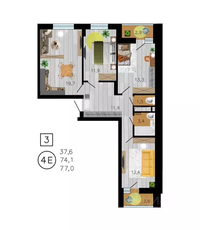 3-к кв. Воронежская область, Воронеж ул. Рокоссовского, 47 (77.0 м) - Фото 1