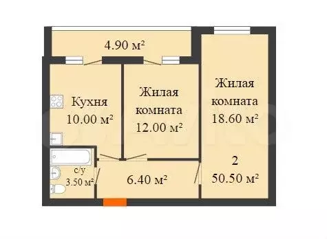 2-к. квартира, 50,1 м, 9/9 эт. - Фото 0