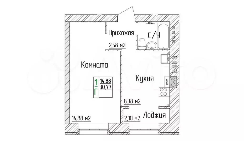 1-к. квартира, 30,8 м, 4/4 эт. - Фото 0