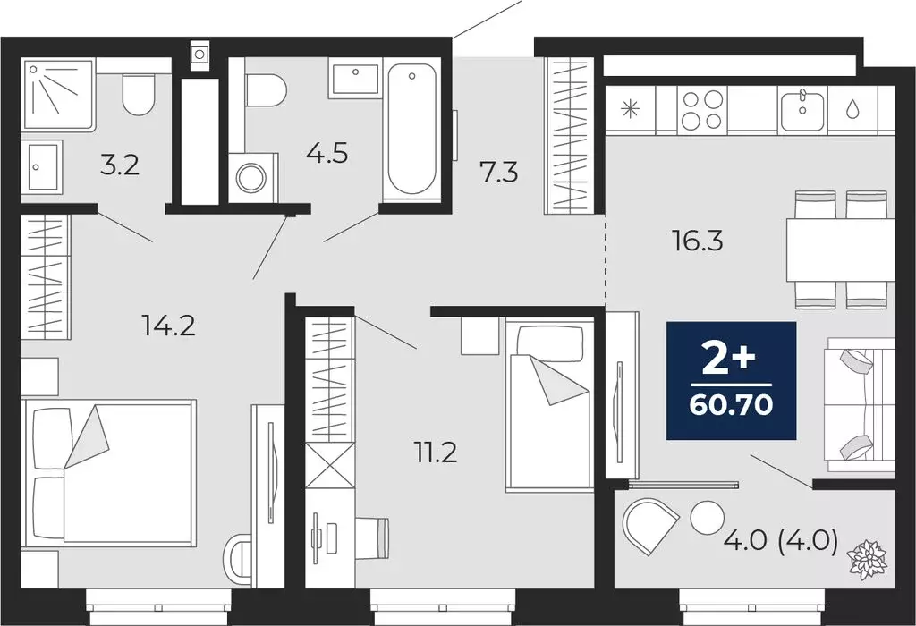 2-комнатная квартира: Тюмень, проезд Капитана Куликова, 5 (60.7 м) - Фото 1