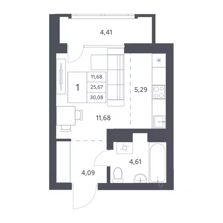 Студия Новосибирская область, Новосибирск ул. Тюленина, 3 (25.67 м) - Фото 0