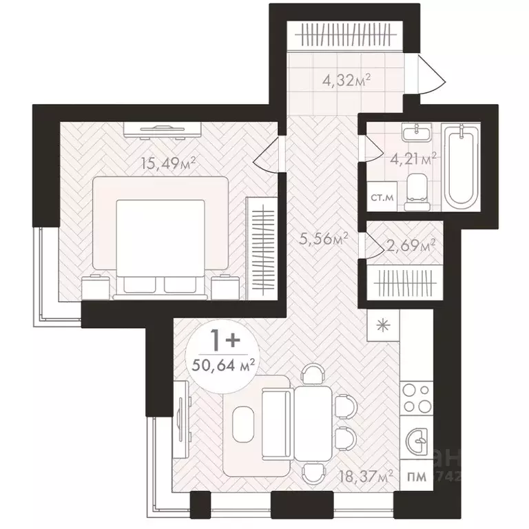1-к кв. Башкортостан, Уфа Южный-2 мкр,  (50.64 м) - Фото 1