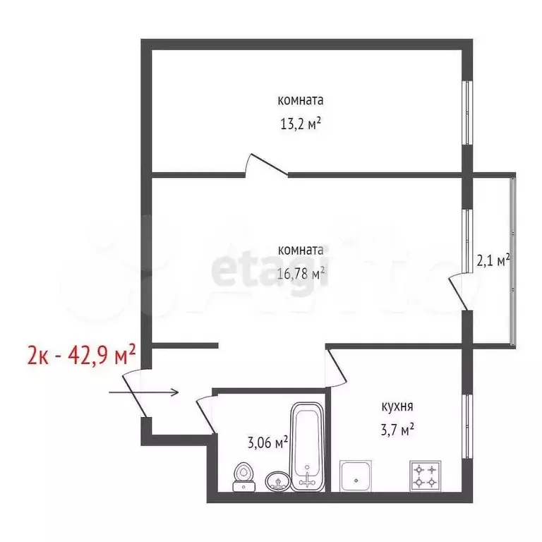 2-к. квартира, 42,9 м, 3/5 эт. - Фото 0