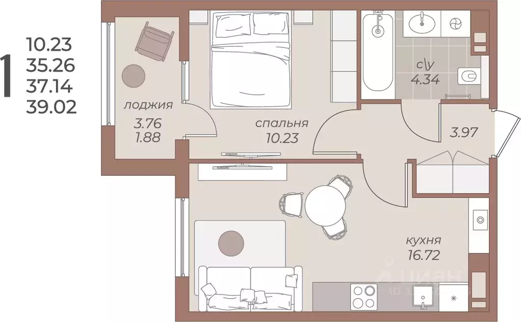 1-к кв. Калининградская область, Балтийск  (39.02 м) - Фото 1