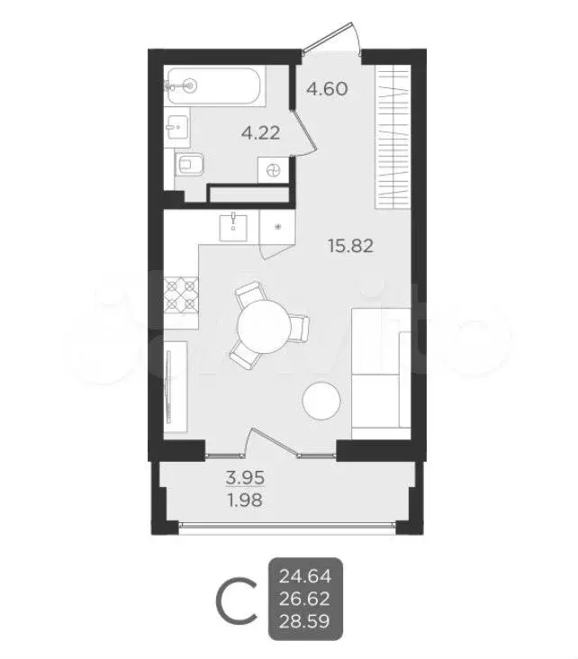 Квартира-студия, 26,8 м, 2/9 эт. - Фото 1