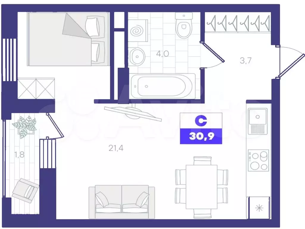 Квартира-студия, 30,9 м, 23/24 эт. - Фото 1