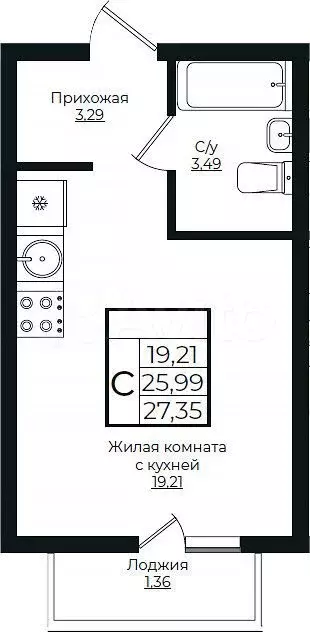 Квартира-студия, 27,4 м, 6/10 эт. - Фото 1