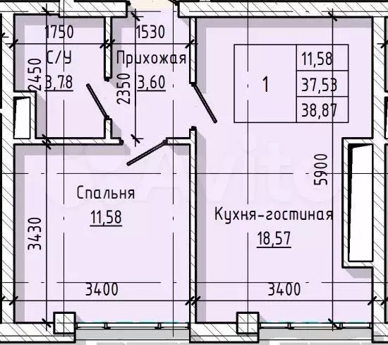 1-к. квартира, 38,9 м, 5/16 эт. - Фото 0